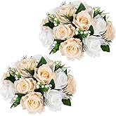 Briful Artificial Flower Balls for Table Centerpieces – 2PCS 8.6" Silk Rose Floral Arrangement Fake Floral Bouquet for Wedding Parties Baby Showers DIY Event Home Decor(Champagne White)