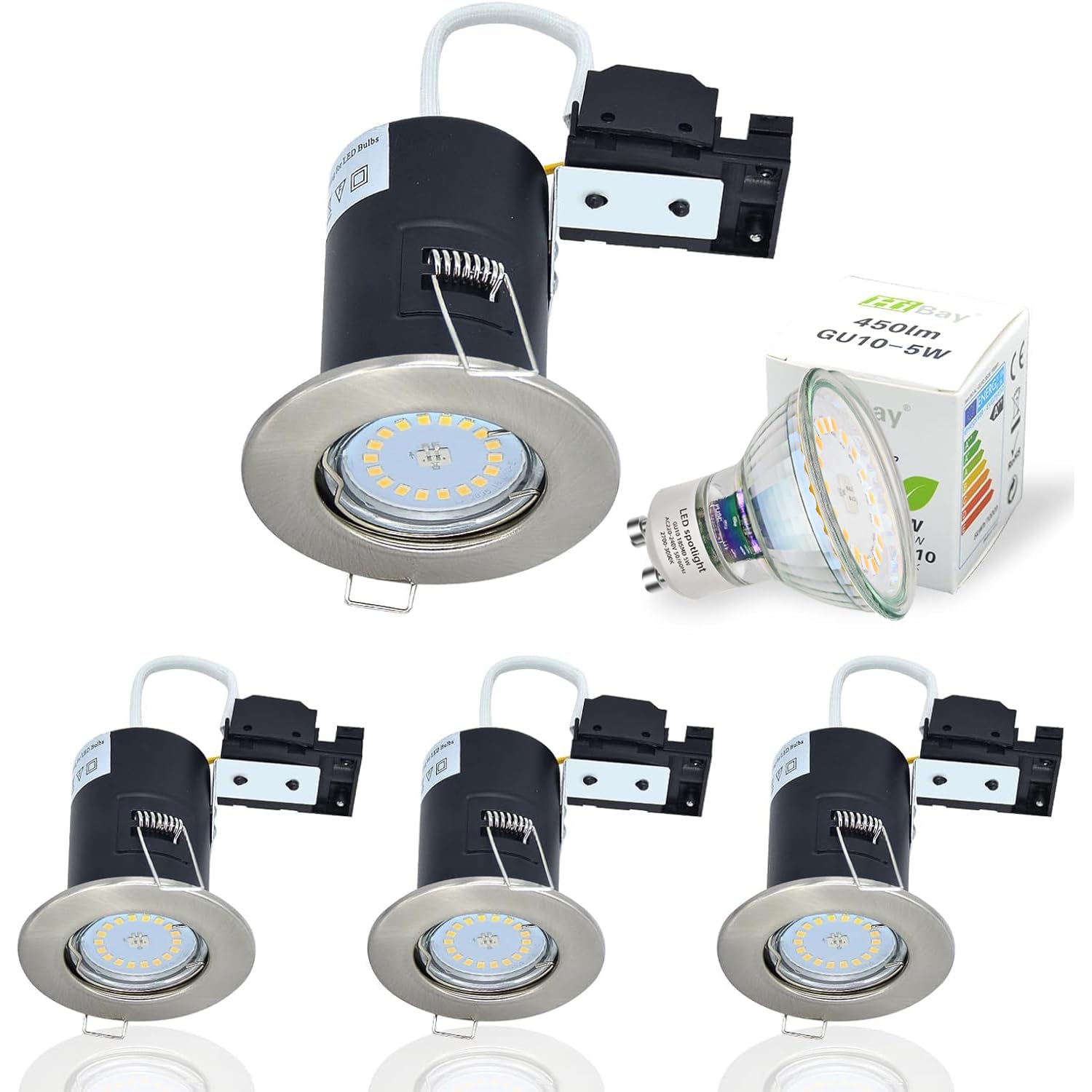 HiBay 4X 5W Dimmable Fire Rated GU10 LED Downlights Recessed Ceiling Lights Spotlight Brushed Chrome Warm White 240V