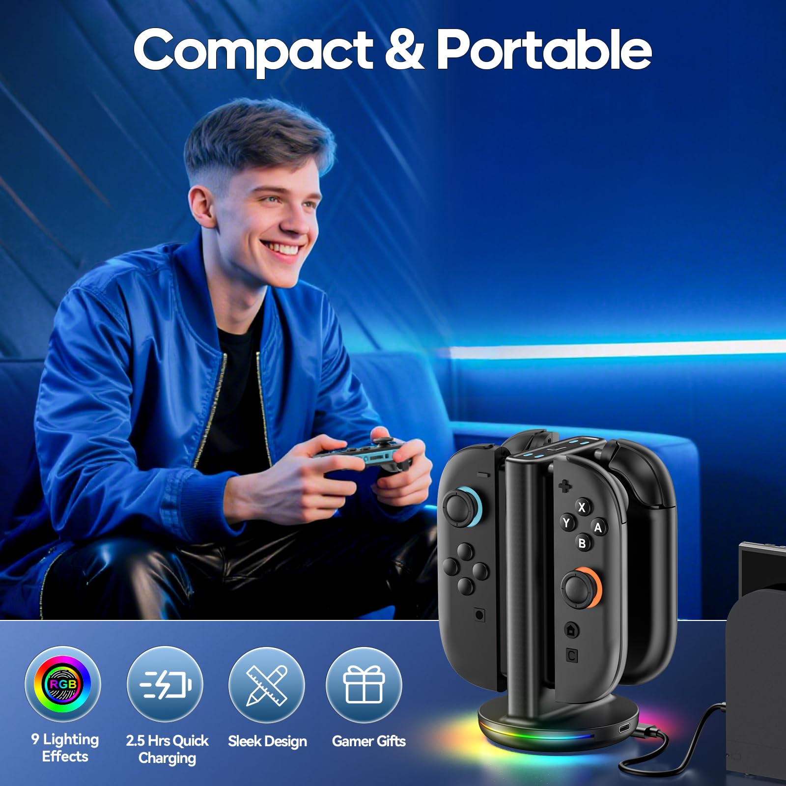 Rysker Switch 2 Controller Ladestation für JoyCon 2, 2.5St Ladegerät für Nintendo Switch 2, Joy Con 2 Ladestation mit 9 Lichtmodi für Nintendo Spiele 7