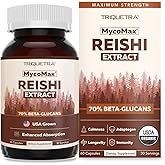 Organic Reishi Mushroom Capsules Extract - 70% Beta Glucans - Highest Active Nutrient Levels, Max Potency, US Grown + Ultrasonic Extraction - Energy, Immunity, Sleep and Stress - 60 Capsules