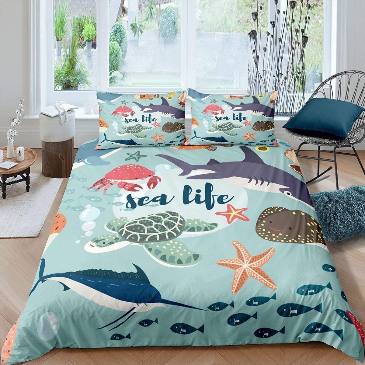 Crab Comforter Cover Set King Size Ocean Marine Life Duvet Cover Under Sea Life Fish Bedding Set for Kids Child Teens,Underwater World Coastal Creature Quilt Cover,Nautical Sea Animal Bedroom Decor — image 1