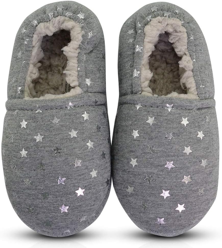 Girls Soft House Slippers Fur Lining Memory Foam Rubber Sole Cute Bedroom Shoes with Beautiful Star