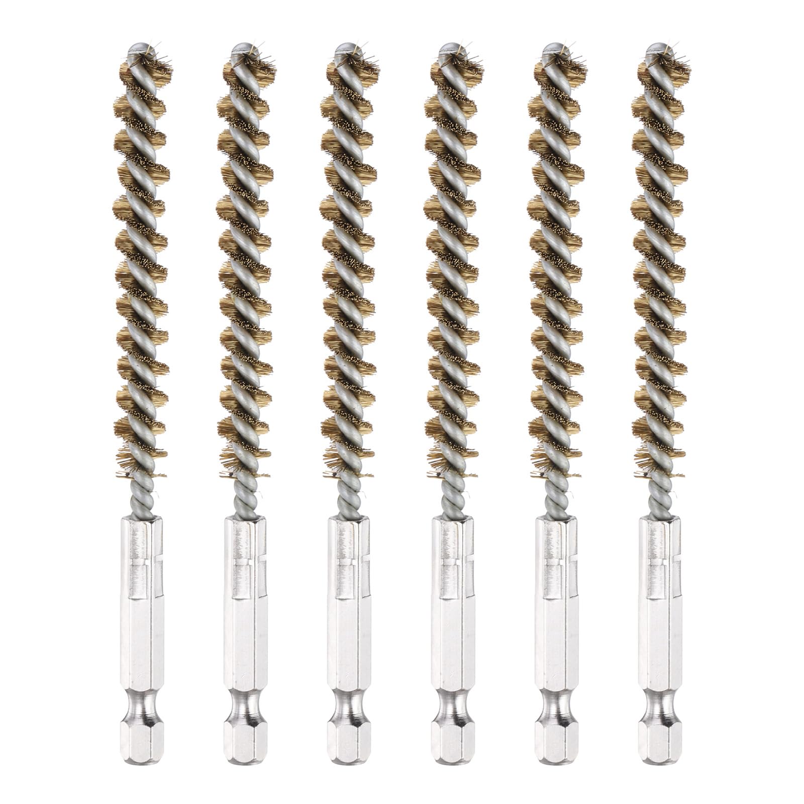 PATIKIL 9mm Dia Bore Brush, 6Pcs Brass Twisted Wire Cleaning Brush Pipe Cleaner with 1/4 Inch Hex Shank for Tubes, Ports, Bearings, Drill Driver, Brass Tone