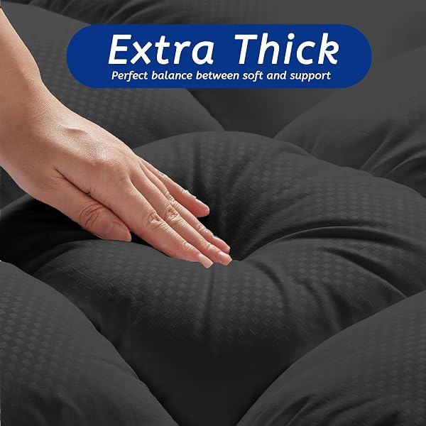 QUEEN SIZE MATTRESS TOPPER FOR BACK PAIN, COOLING EXTRA THICK MATTRESS PAD COVER WITH 8-21 INCH DEEP POCKET, PLUSH PILLOW TOP MATTRESS TOPPER OVERFILLED WITH DOWN ALTERNATIVE, QUEEN SIZE, BLACK