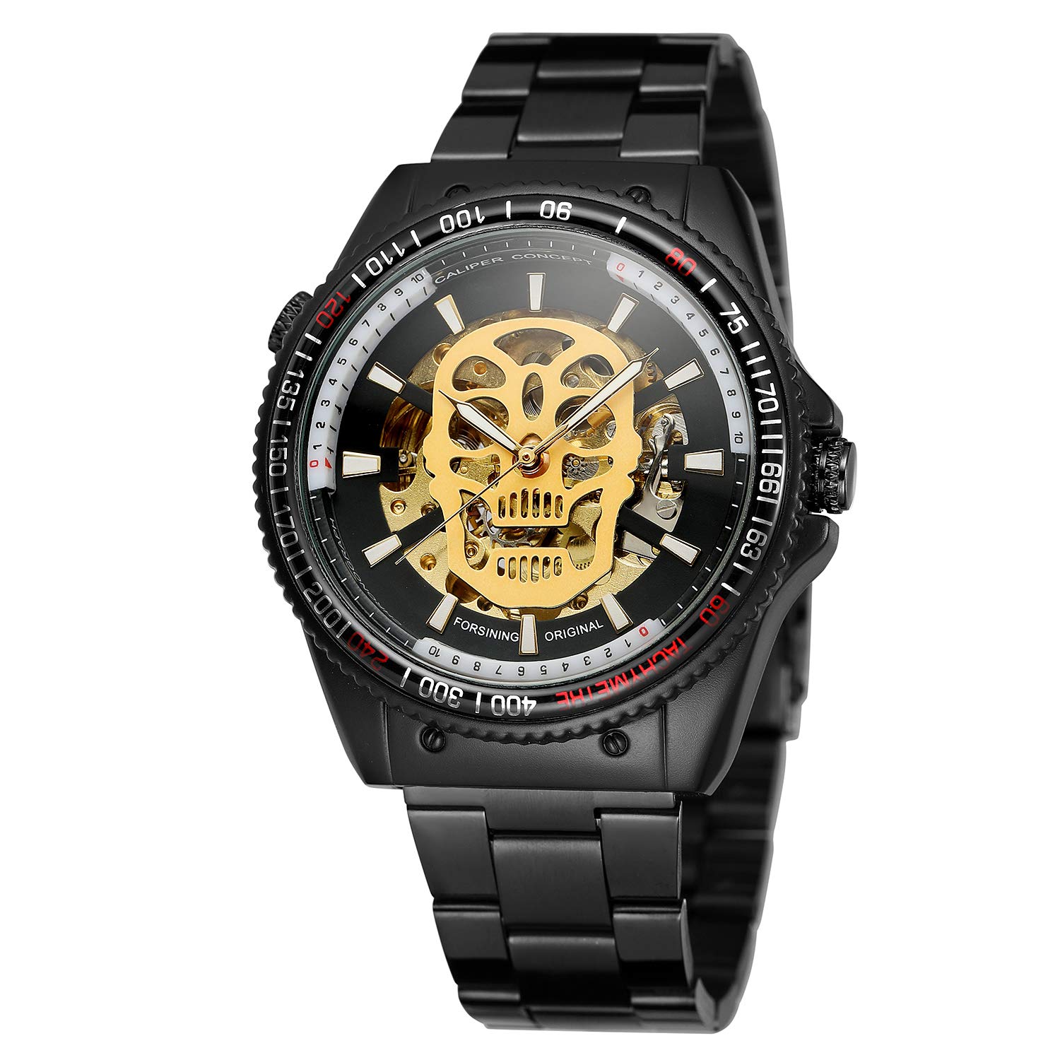 FORSINING Men's Skeletn Automatic Self-Wind Stainless Steel Band Watch with Skull Dial