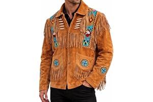 Pretlet Men’s Western Cowboy Suede Leather Jacket with Fringe, Native American Style Beaded Embroidered Vintage Western Coat