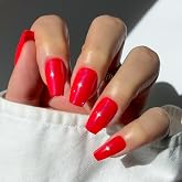 Glamnetic Press On Nails - Medium Coffin, Glazed Fake Nails 30 Pc Full Kit | Bold Red press on nails in 15 sizes. Glazed glue