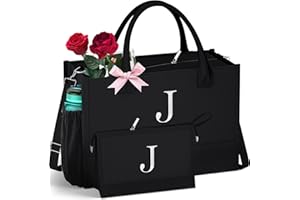 QLOVEA Initial Black Canvas Tote Bag & Makeup Bag with Zipper Adjustable Strap, Personalized Present Bag for Women Birthday