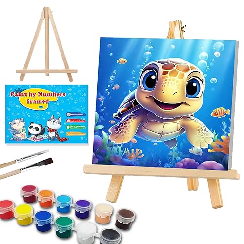 Sea Turtles Paint by Numbers Kit for Children with Framed- Easy Paint by Number Crafts for Kids Ages 4-8-12, Simple Painting Kits for Kids with Easel for Gift Home Wall Decor(8x8Inch)