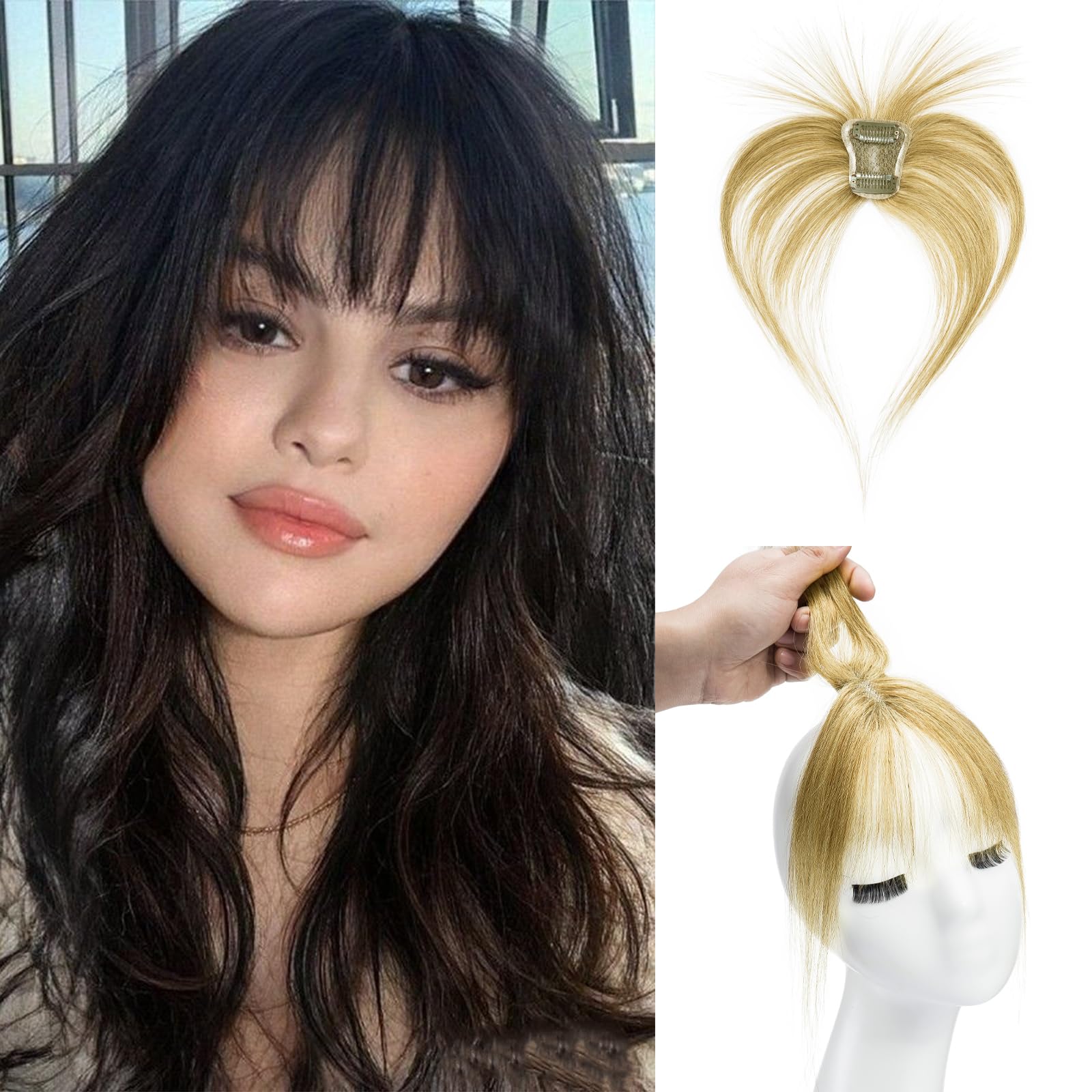 Photo 1 of 100% Real Human Hair Toppers with Bangs 360° 3D Coverage Clip in Bangs for Women Bangs Hair Clip with Fringe Hairpieces for Daily Wear Dark Blonde