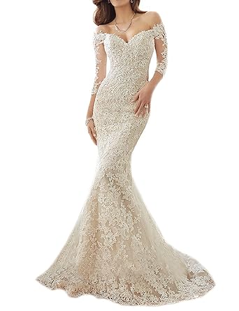 Tianshikeer Meerjungfrau Hochzeitskleid Langarm Spitze Tüll Brautkleider