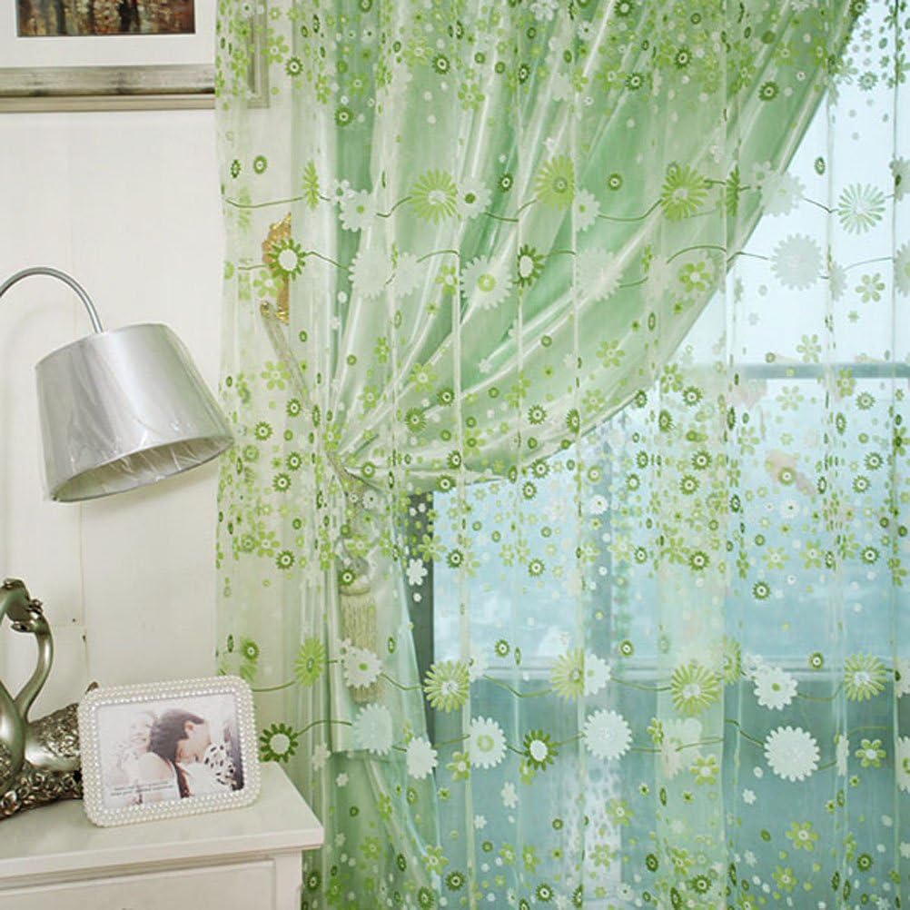 Winomo Voile Curtains Floral Net Windows Bedroom Curtain White Sheer Window Eyelet Living Room Door Linen Panel Lace Nets All Voiles Tulle Canvas Feet Shell Pocket 100 X 200 Cm (Green) - Image 5