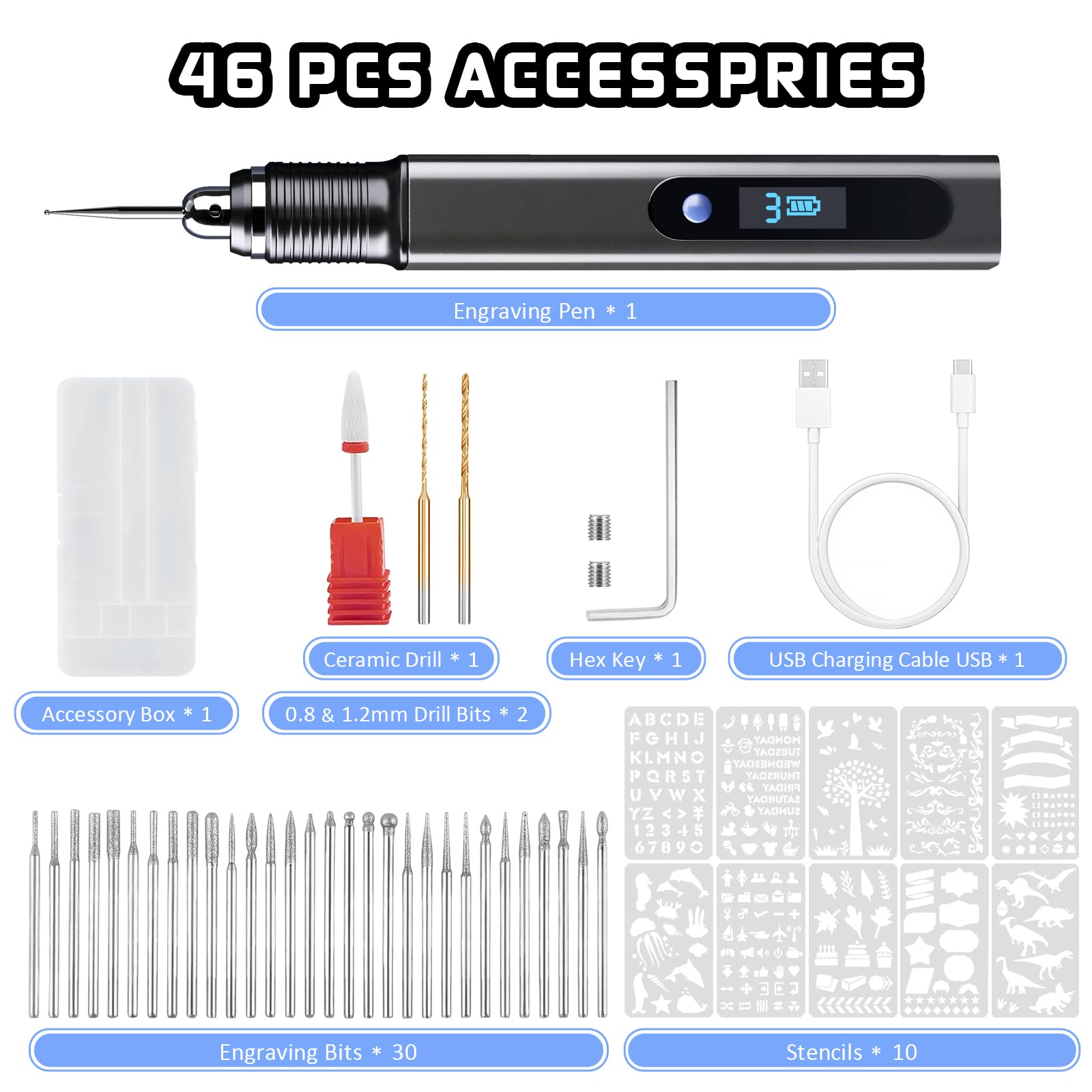 Engraving Pen Kit Rechargeable Cordless Engraver Pen with 33 Bits, 10 Stencils, Mini DIY Electric Etching Machines Rotary Tool for Carving Jewelry Stone Wood Glass Metal Plastic