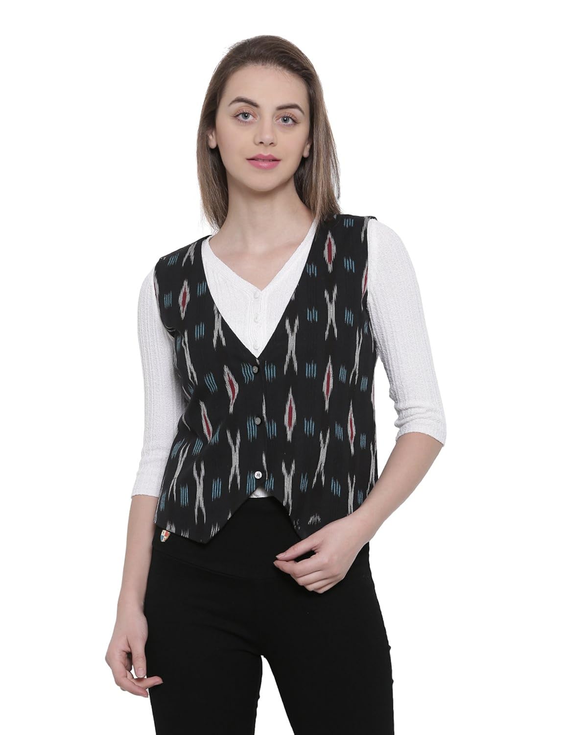 soochirang women's ikat hand woven sleeveless cotton short waist coat