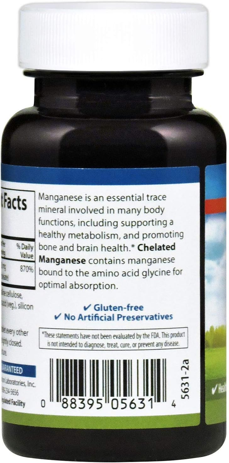 Carlson - Chelated Manganese, 20 mg, Superior Absorption, Healthy Metabolism, Bone Support & Brain Health, 100 Tablets: Health & Personal Care