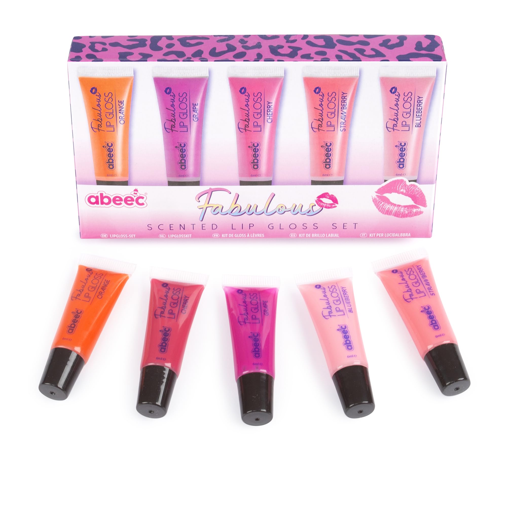abeec Scented Lip Gloss Set | 5-Pack Fruity Lip Glosses | Strawberry, Blueberry, Cherry, Orange & Grape | Girls Makeup Set | Kids Lip Gloss | Beauty Gifts for Teens & Girls