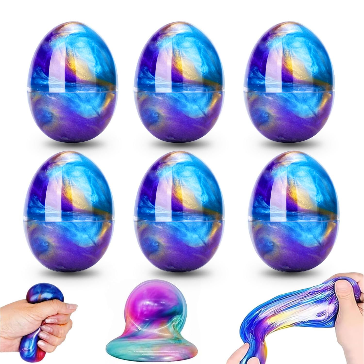 6 Pack Slime Filled Eggs Toys, Easter Eggs,Easter Basket Stuffers Egg Fillers for Teens Kids, Birthday&Classroom Prizes for Boys Girls (Blue+Purple+Gold)