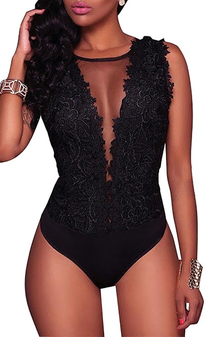 Loralie Damen Chic Spitze Bodysuit V-Ausschnitt Bodys Overall Ärmellos Tops Rückenfrei Oberteil (Small Size)