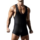 ABAFIP Men's Athletic Bodysuit Sleeveless Singlet Leotard Deep U Neck Tank Top Undershirt Shorts Jumpsuit