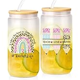 Frerdui Best Teacher Appreciation Gifts, Present for New Educators, 16 Oz Glass Coffee Cup with Straws, Thank You Gifts from Students for Teacher's Day Graduation Gift, or Preschool Teacher