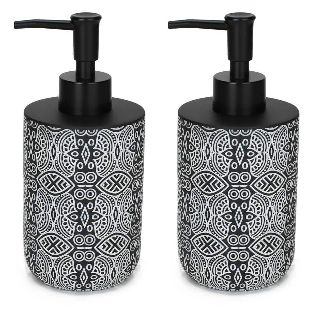 Photo 1 of 2pcs Hand Soap Dispenser Set, Boho Carving Resin Liquid Soap Dispensers for Bathroom Countertop, Heavy & Sturdy Dish Wash Soap Dispenser for Kitchen, Black
