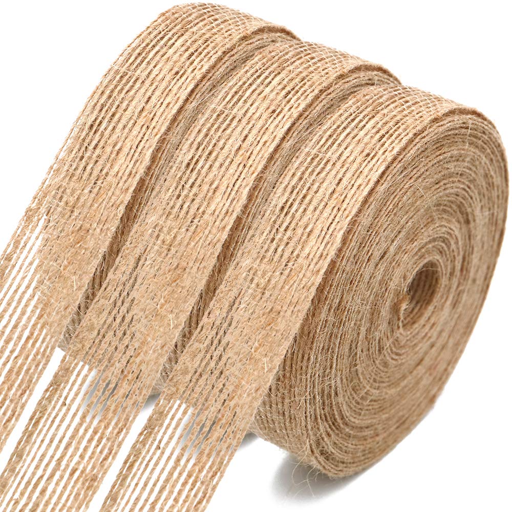 jijAcraft 30M Natural Burlap Ribbon, 2CM Rustic Hessian Ribbon for Gift Wrapping, 3Rolls Brown Jute Craft Ribbons for DIY Crafts, Florist, Wedding Decorations