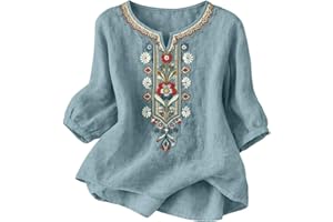 Boho Linen Tops for Women 3/4 Sleeve Embroidered Tops Mexican Peasant Dressy Casual Summer Vacation Beach Shirts
