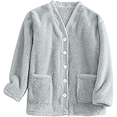 Fleece Jacket Women Cozy Warm Bed Jackets for Elderly Women Fuzzy V Neck Button Up Sleepwear Long Sleeve Winter Coat