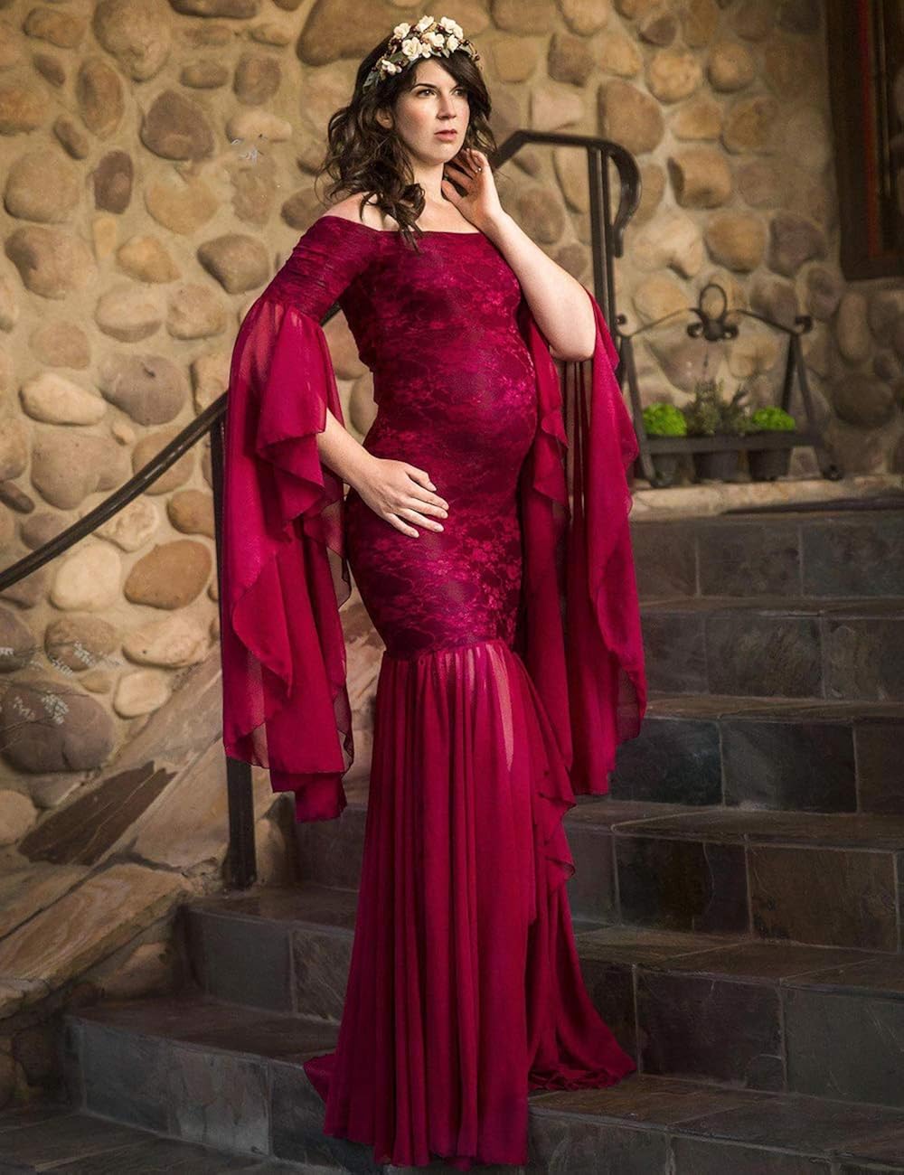JustVH Women's Off The Shoulder Elegant Fitted Maternity Gown Flare Sleeve Slim Fit Maxi Photography Dress for Photoshoot Burgundy at  Women’s Clothing store