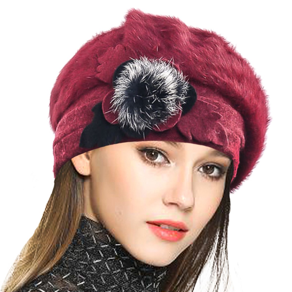 VECRY Women Wool Beret Angola Knit Beanie Skull Cap Dress Winter Hats (Claret)(Size:M)