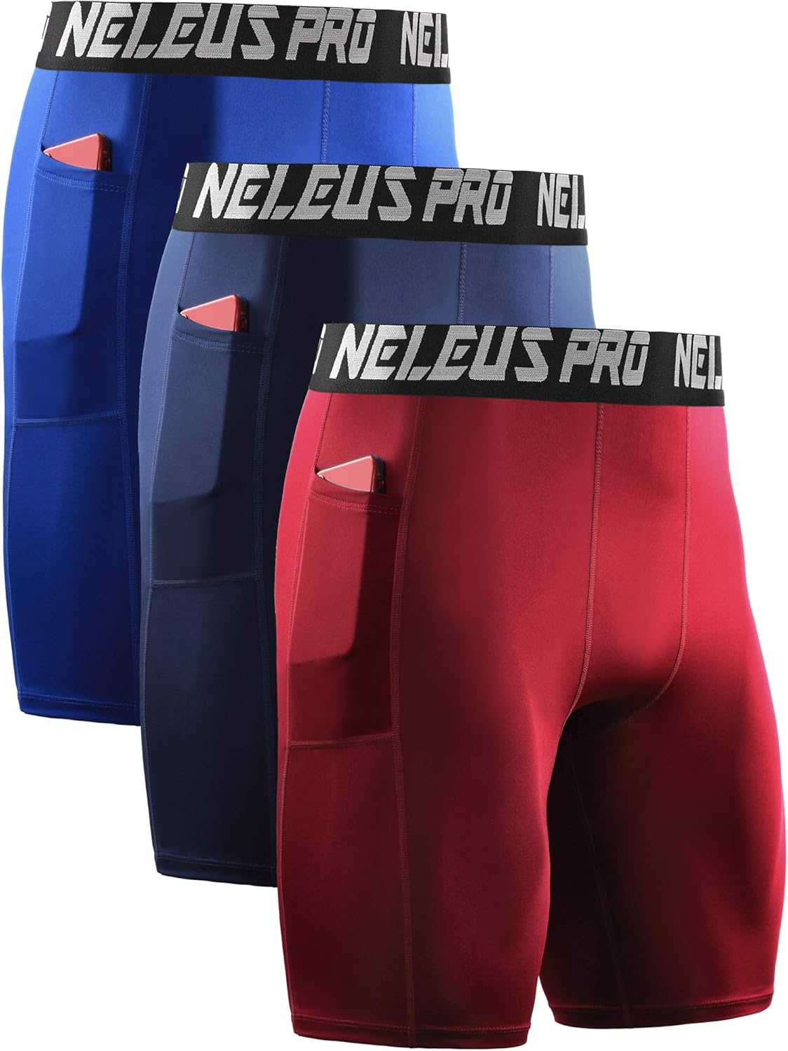 Neleus Men's 3 Pack Compression Short with Pocket: Clothing
