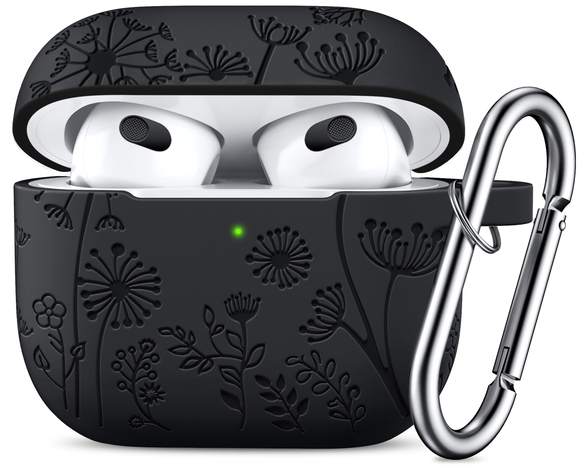 Photo 1 of Lerobo Flower Engraved Case for AirPods 3rd Generation Case Cover with Keychain Accessories,Silicone Skin Cover Compatible with Apple AirPod 3rd Generation,Full Protection,Front LED Visible,Black