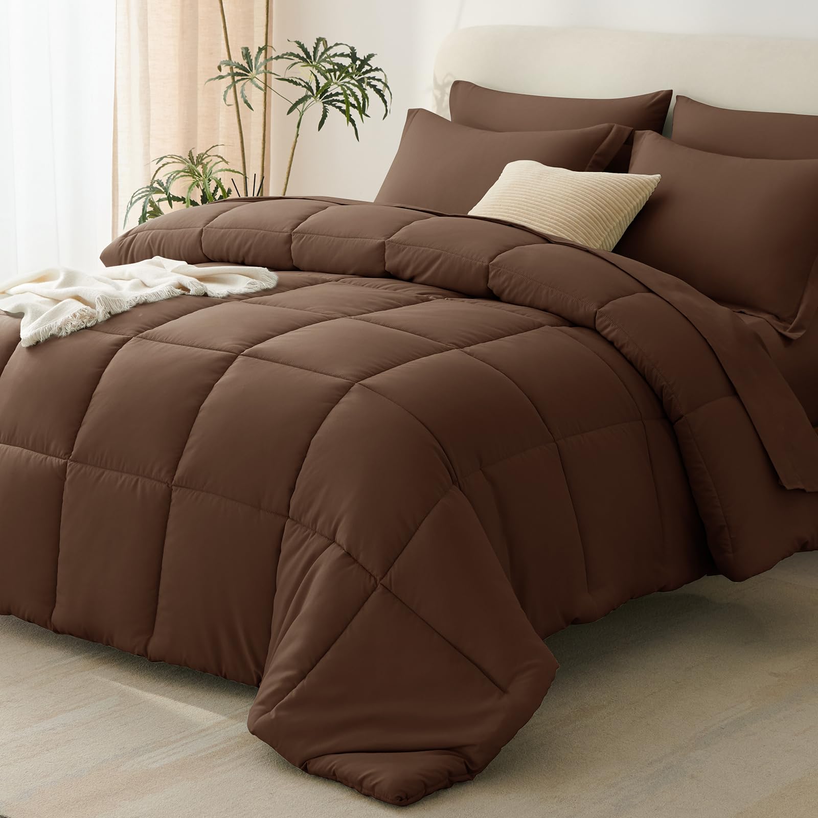 CozyLux Queen Comforter Set Brown - 7 Pieces Bed in a Bag Queen, All Season Breathable Bedding Sets, Oeko-Tex Certified Bed Set with Down Alternative Comforter, Sheets, Pillowcases & Pillow Shams Image
