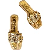 GORGLITTER Women's Rhinestone Chain Flat Sandals Dressy Square Open Toe Slip on Summer Bridal Sandals