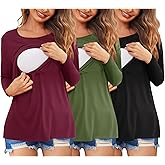Ekouaer Women 3 Packs Nursing Shirts Long Sleeve Breastfeeding Tops Round Neck Postpartum Clothes Double Layer Maternity Tee