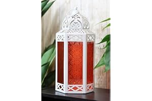 Vela Lanterns Metal Moroccan Decorative Candle Lantern Holder for Ramadan, White, Red Glass, Large