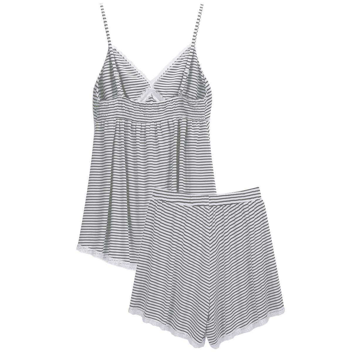 Espoir Women\'s Pajama Set Deep V Neck Lace Trim Cami Tops and Shorts Sleepwear Grey and White Stripe M