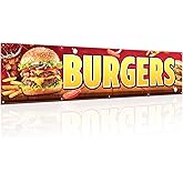 Tegeme Burgers Banners 2 x 10 Ft/ 24 x 120 Inch Large Oxford Fabric Polyester Hamburger Banner Sign with 10 Grommets for Easy Hang Indoor Outdoor