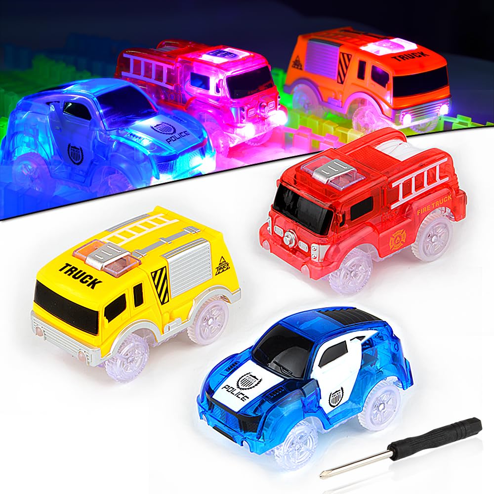AniSqui Glow Tracks - 3 Pack Light-up Race Flexible Cars with 5 LED Lights (Blue Police, Red Fire Engine, Yellow Truck), Slot Car Track Toy, Kids Toddlers Gift Racetrack