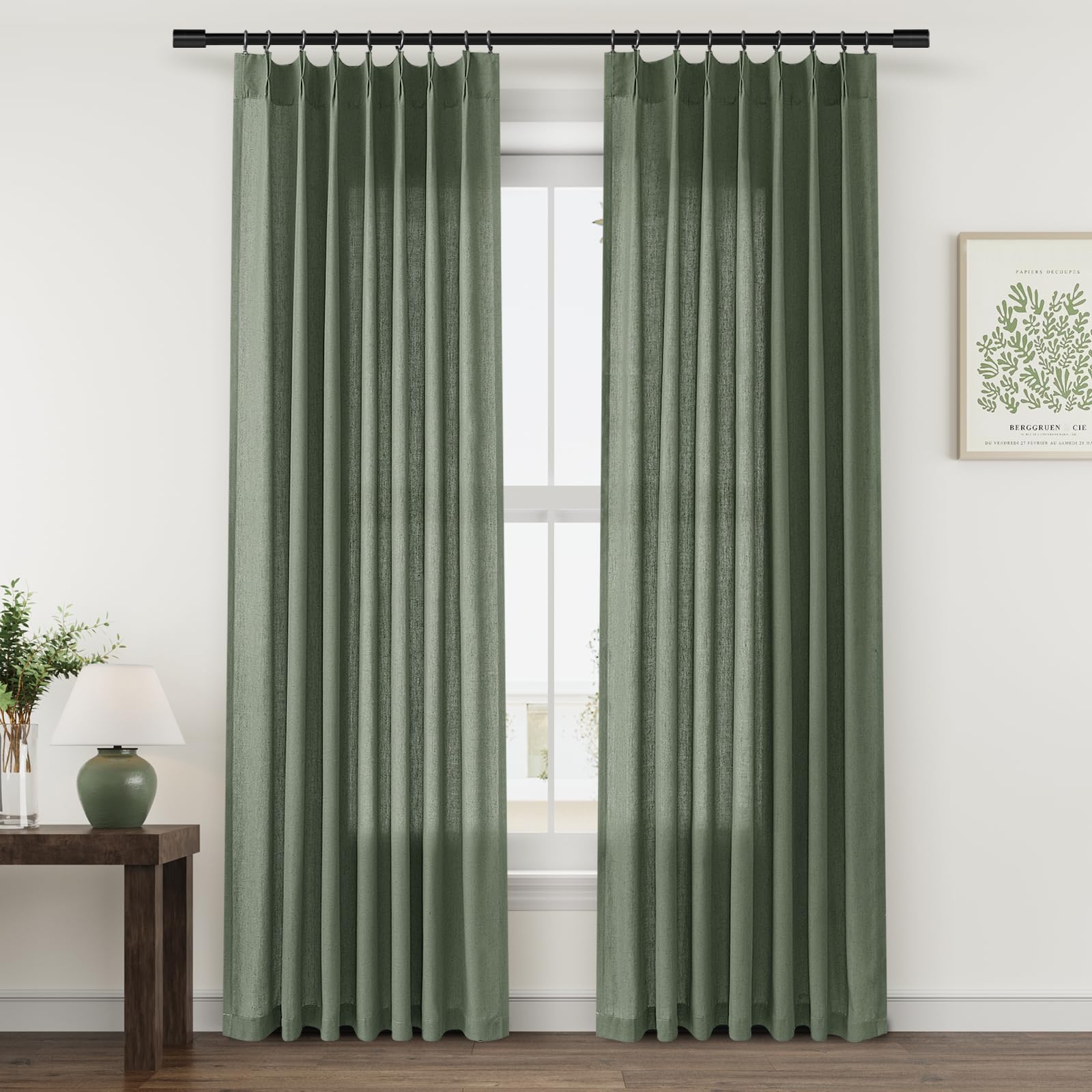 Olive Green Pinch Pleat Linen Curtains 86 Inch Length 2 Panels Set for Bedroom Dinging Room Semi Sheer Soft Drapery Boho Farmhouse Neutral Window Curtains 86 Inches Long for Living Room Nursery 40x86 Image