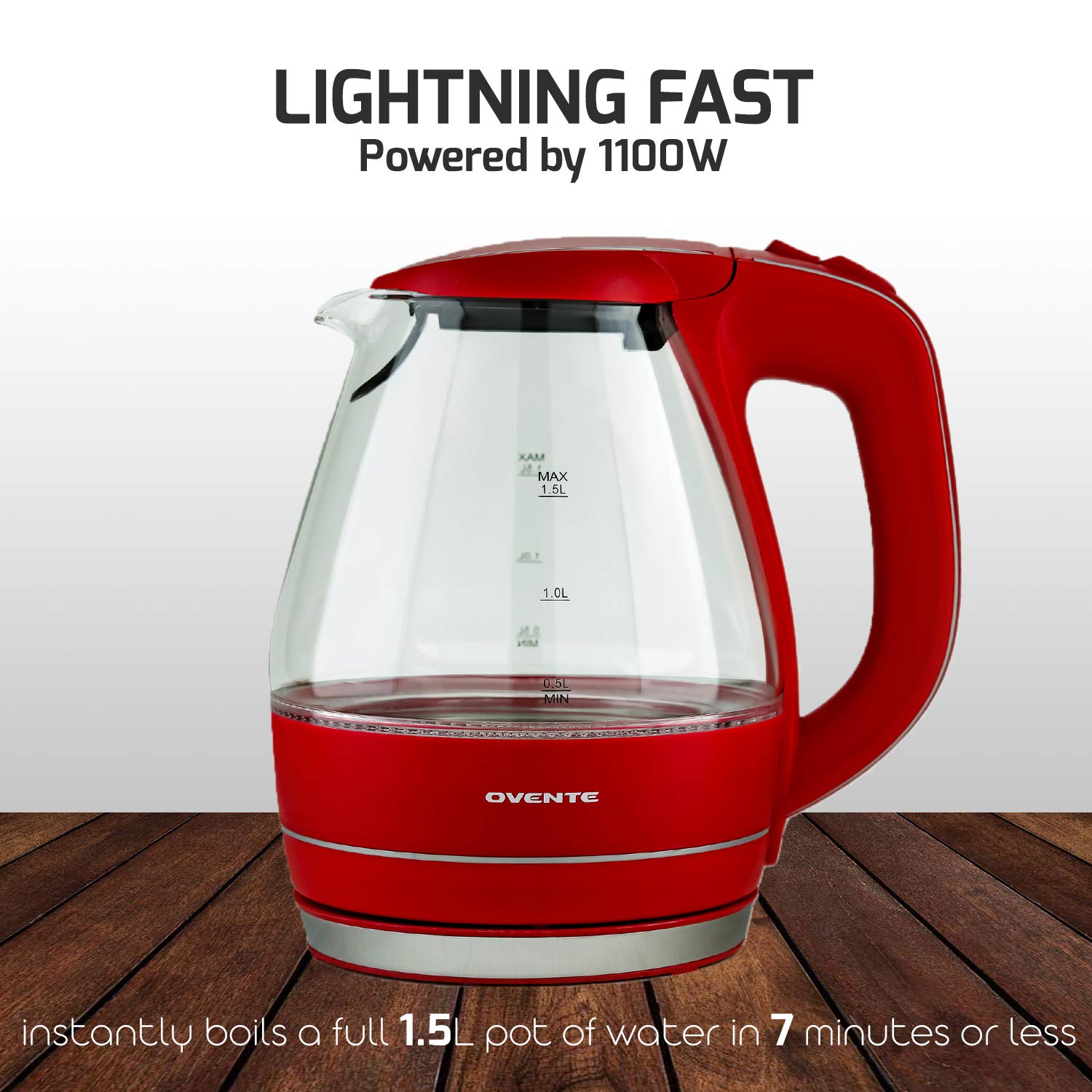 Ovente 1.5L BPA-Free Glass Electric Kettle, Fast Heating with Auto Shut-Off and Boil-Dry Protection, Cordless, LED Light Indicator, Red
