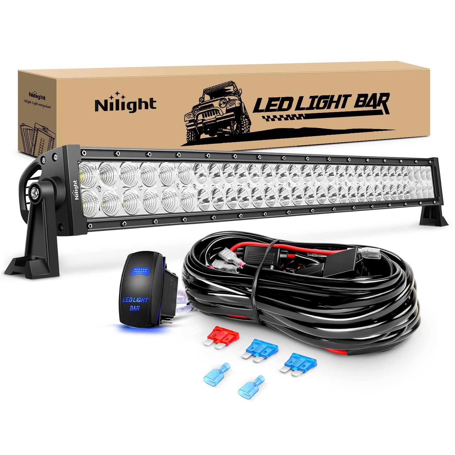 Nilight LED Light Bar 32Inch 180W Spot Flood Combo Led Off Road Lights 12V 5Pin Rocker Switch LED Light Bar Wiring Harness Kit, 2 Years Warranty (ZH079), Clear,White Image