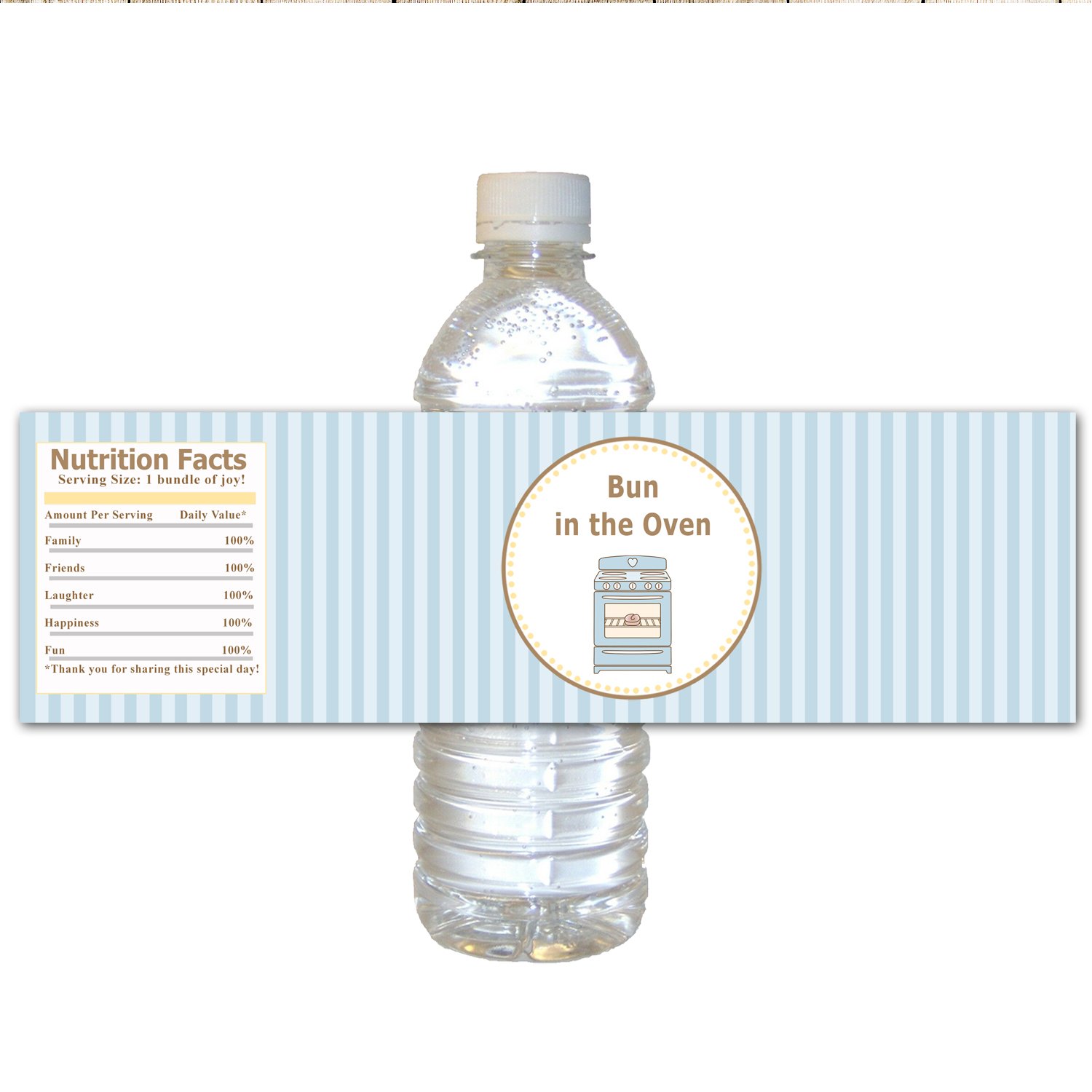 30 Water Bottle Labels Baby Boy Shower Party Favor Blue Stripes Bun In The Oven Theme Wrappers