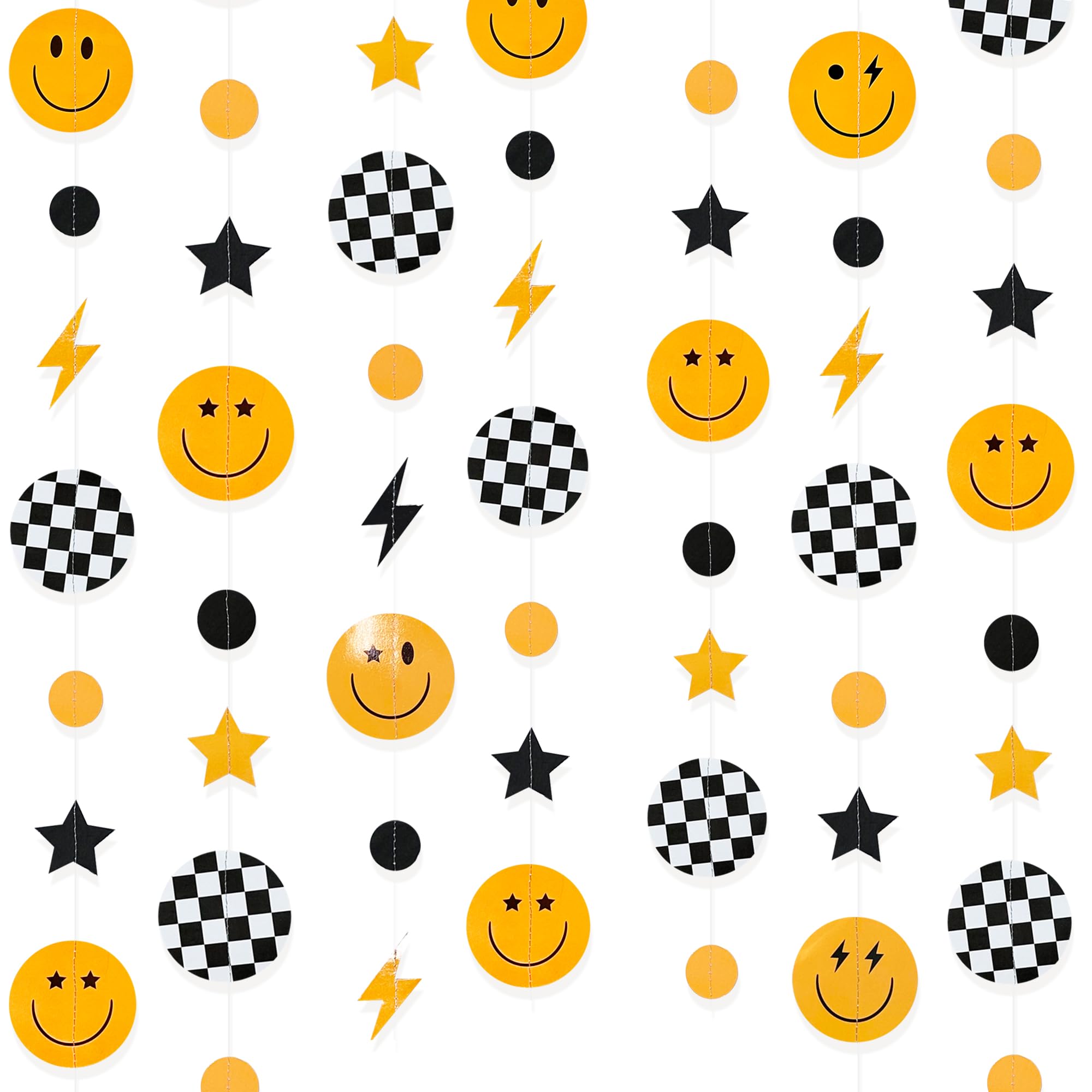 44Ft Black Yellow Smile Face Lightning Star Checkered Circle Dots Garland One Happy Dude 1st Birthday Party Decoration Smiley Face Streamer Backdrop for First Birthday Baby Shower Wedding Hippie Decor
