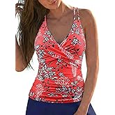 Firpearl Women's Underwire Tankini Top Only Tummy Control Bathing Suit V Neck Push Up Crossover Swimsuit Top