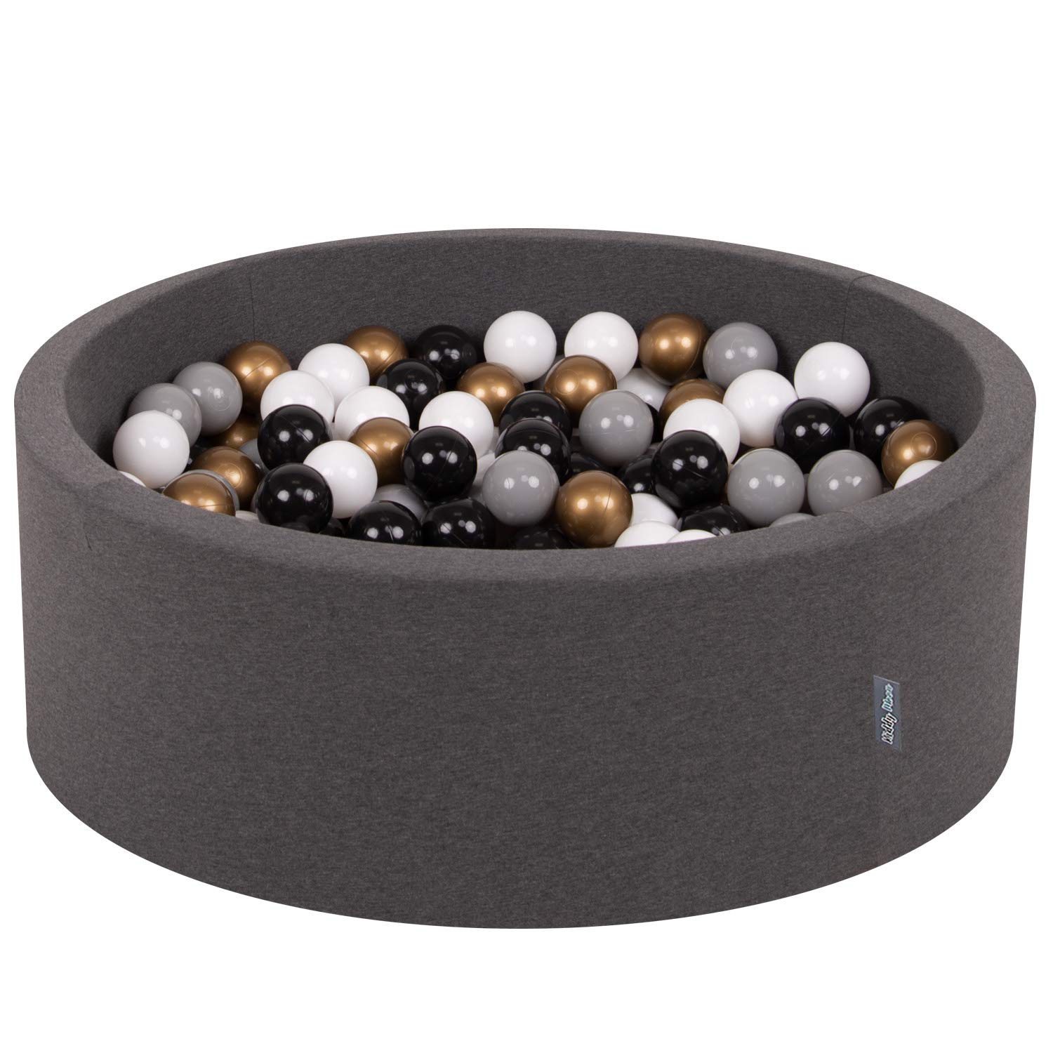 KiddyMoon 90X30cm/300 Balls ∅ 7Cm / 2.75In Baby Foam Ball Pit Made In EU, Dark Grey:White/Grey/Black/Gold