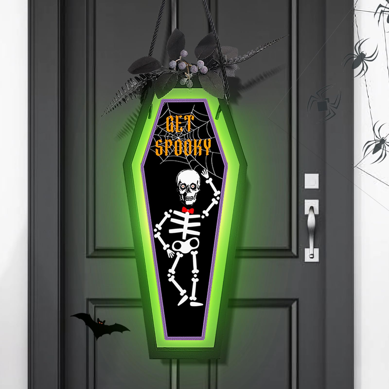 Photo 1 of Halloween door decorations Led Coffin Door Sign lights, halloween door sign, Light Up Skeleton Scary halloween door decor Lamp, Seasonal Hanging Plaque for front Door Wall Outdoor Indoor Decor (Green)