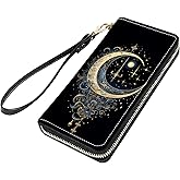 stmedazm Celestial Theme Stars with Crescent Moon Print Women Large Capacity PU Leather Zip Around Wallet, Multifunctional Clutch Purse for Cash/Card/Coin/Smart Phone