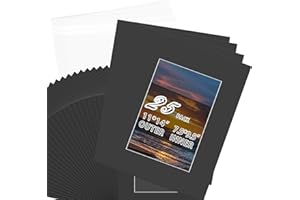 Photoys Pack of 25 Acid Free Core Bevel Cut Photo Mat Mattes with Backing Board and Clear Bag (Black, 11"x14" for 8x10 Photo)