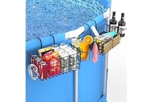 SHINOWA Poolside Storage Basket with Pool Cup Holders, 2 Sets Metal Above Ground Pool Accessories, Swimming Pool Toy Basket Storage Bin, Pool Must Haves for Most Above Ground Pool